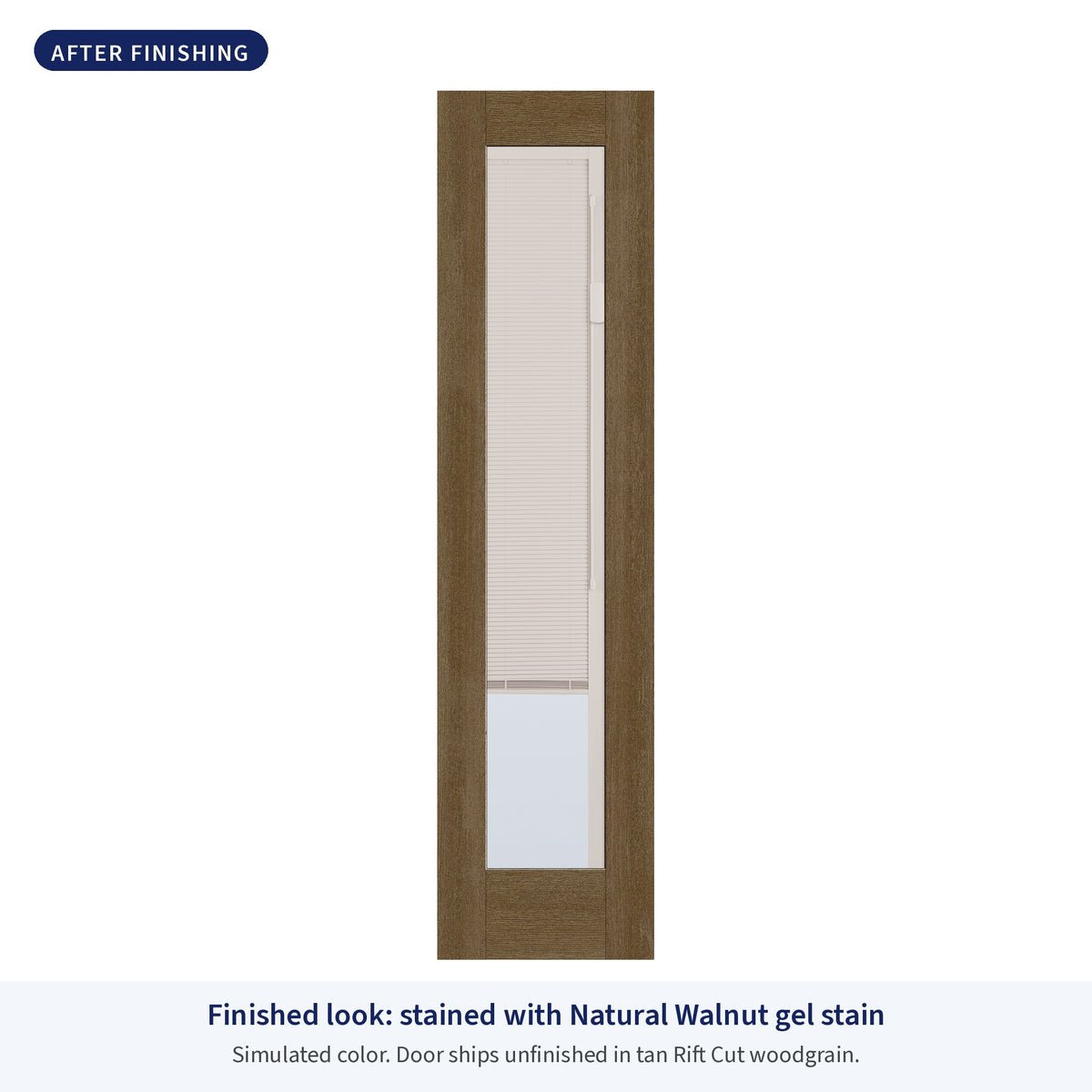 Full lite flush glazed Rift Cut fiberglass entry door with raise and lower blinds, shown after finishing with Natural Walnut gel stain (simulated color)