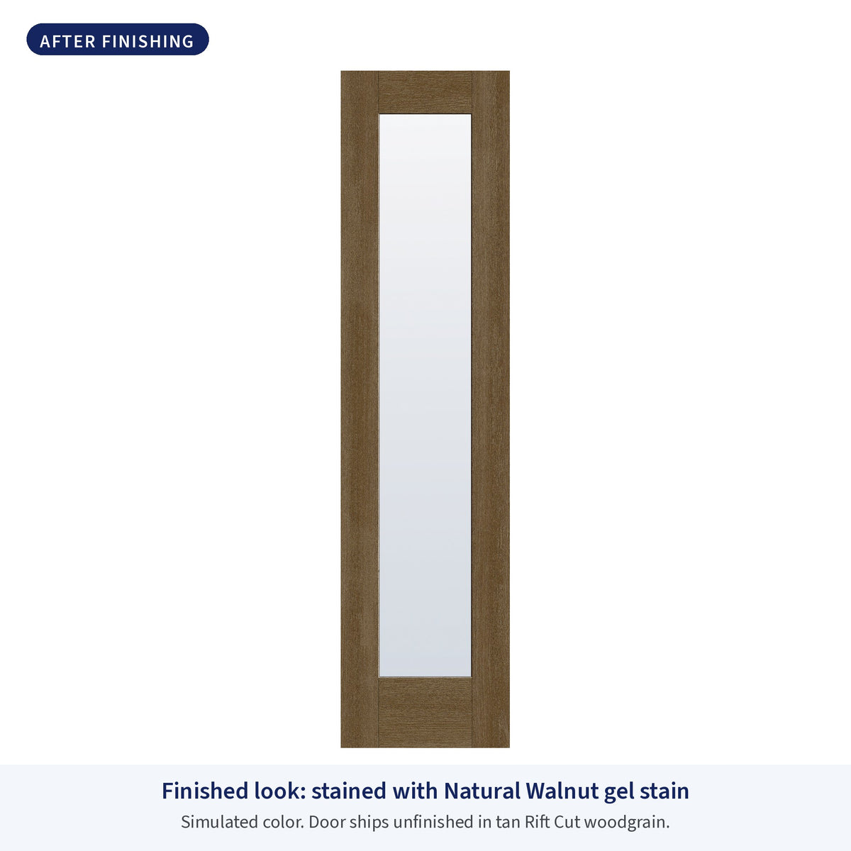 Full lite flush glazed Rift Cut fiberglass entry door with clear glass, shown after finishing with Natural Walnut gel stain (simulated color)