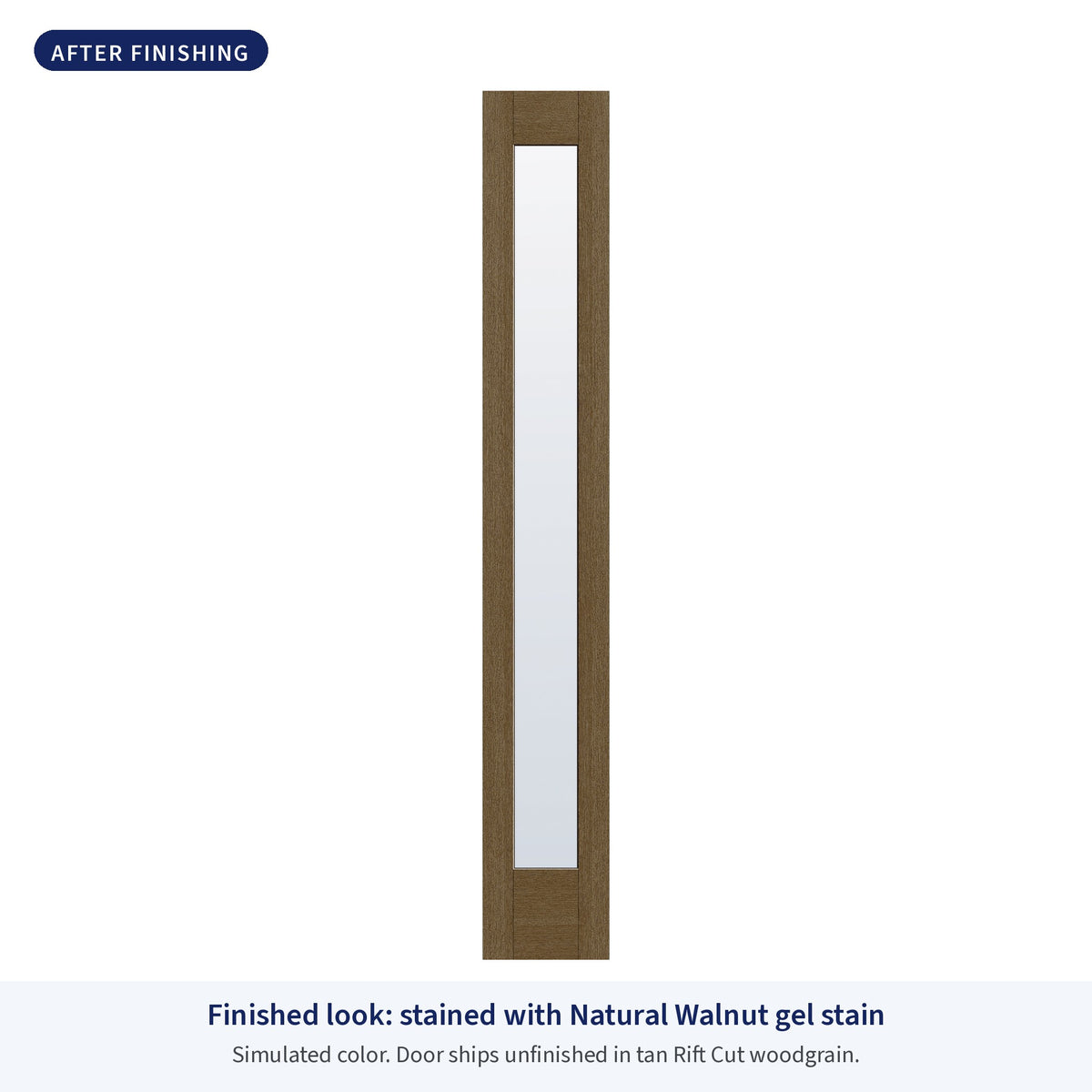 Full lite flush glazed Rift Cut fiberglass sidelite with clear glass, shown after finishing with Natural Walnut gel stain (simulated color)