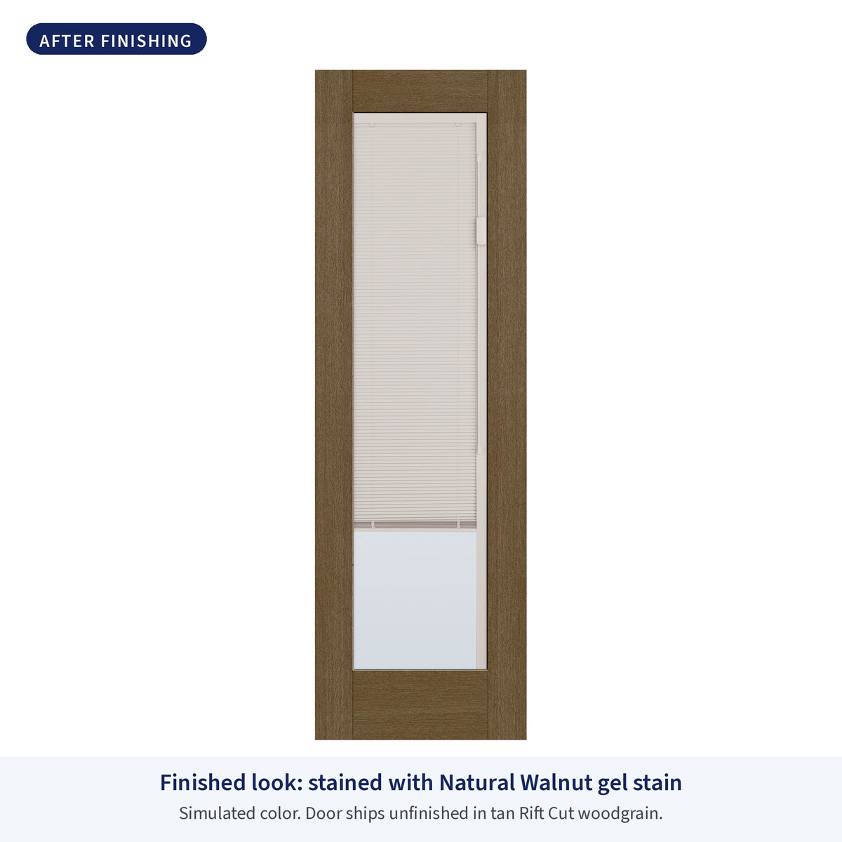 Full lite flush glazed Rift Cut fiberglass entry door with raise and lower blinds, shown after finishing with Natural Walnut gel stain (simulated color)