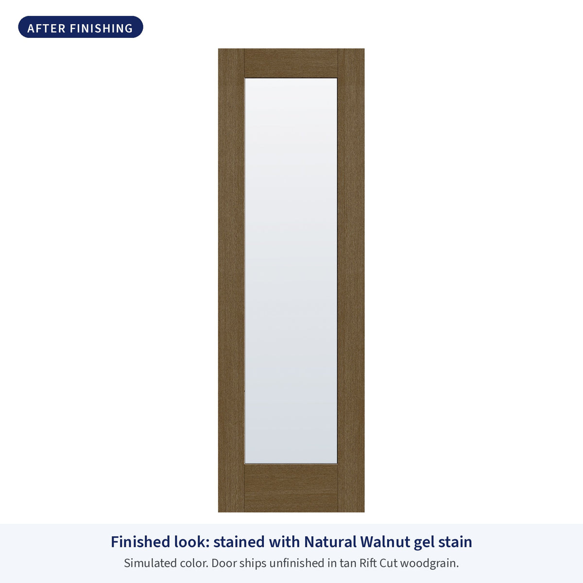 Full lite flush glazed Rift Cut fiberglass entry door with clear glass, shown after finishing with Natural Walnut gel stain (simulated color)