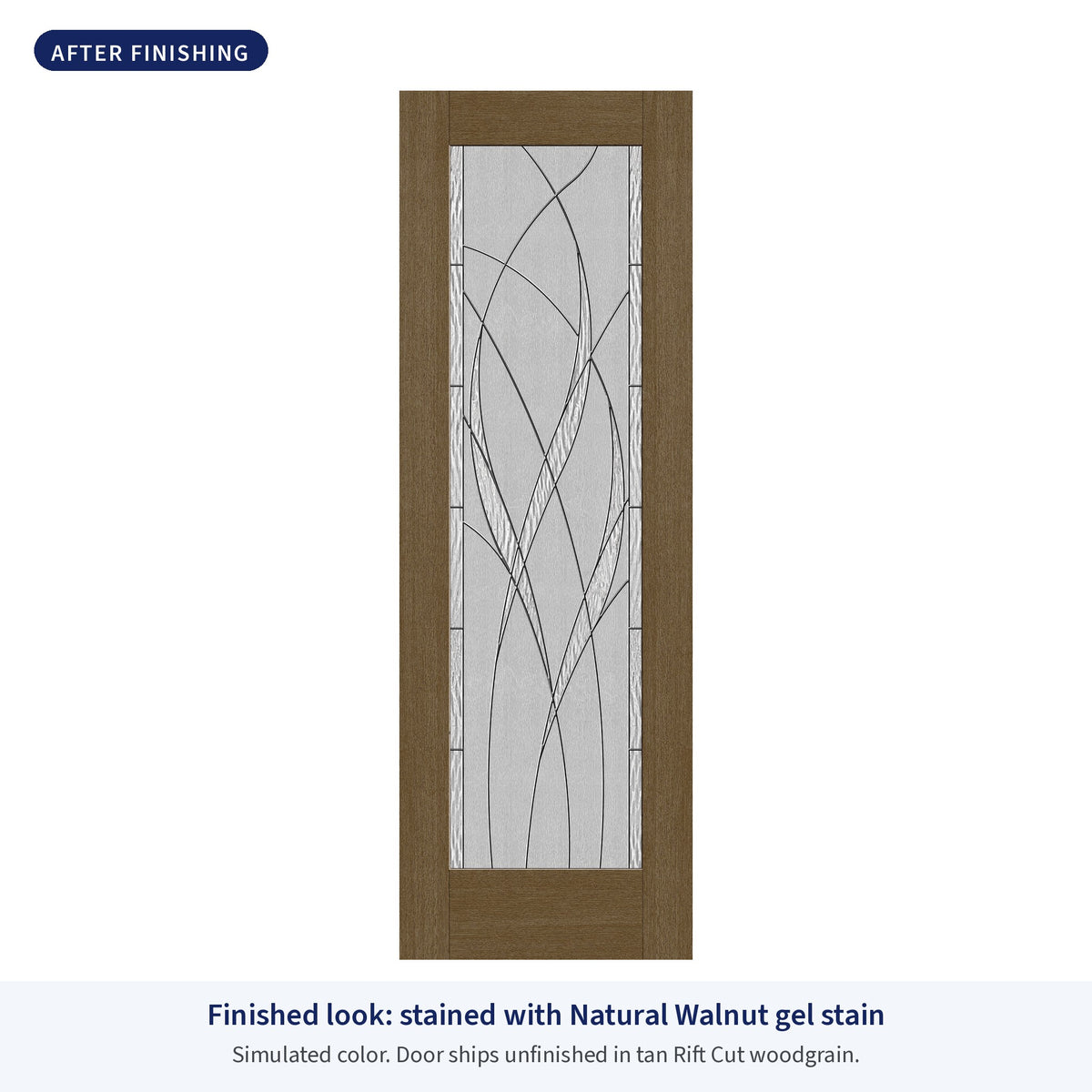 Full lite flush glazed Rift Cut fiberglass entry door with Waterside glass, shown after finishing with Natural Walnut gel stain (simulated color)