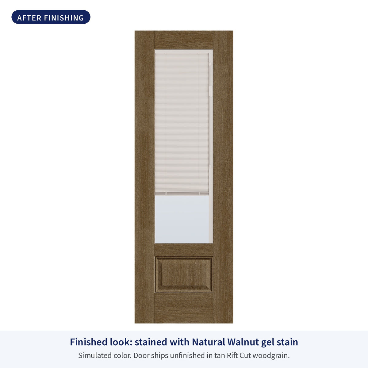 3/4 lite flush glazed Rift Cut fiberglass entry door with raise and lower blinds, shown after finishing with Natural Walnut gel stain (simulated color)
