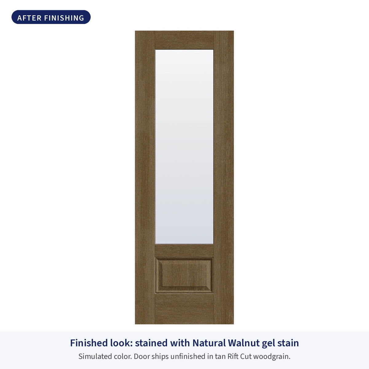 3/4 lite flush glazed Rift Cut fiberglass entry door with clear glass, shown after finishing with Natural Walnut gel stain (simulated color)