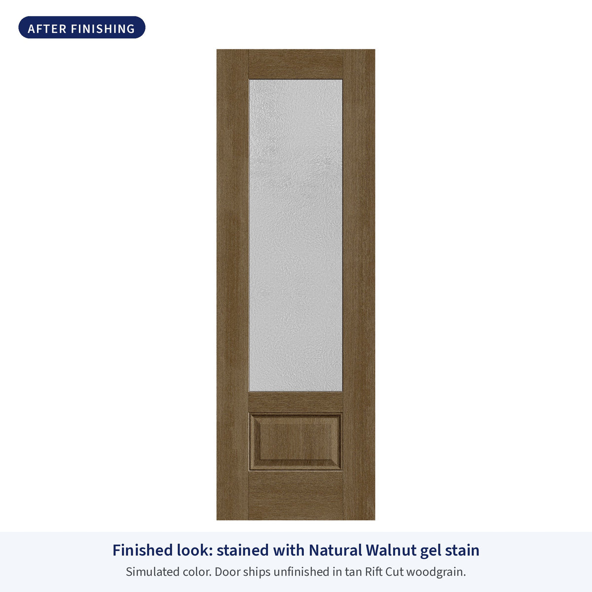 3/4 lite flush glazed Rift Cut fiberglass entry door with Micro-Granite glass, shown after finishing with Natural Walnut gel stain (simulated color)