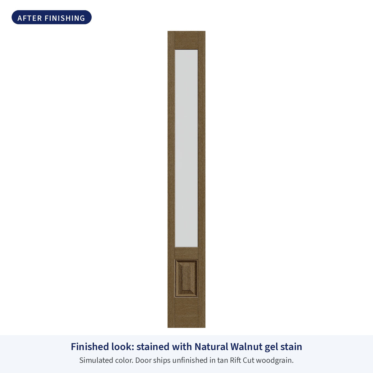 3/4 lite flush glazed Rift Cut fiberglass sidelite with frosted glass, shown after finishing with Natural Walnut gel stain (simulated color)