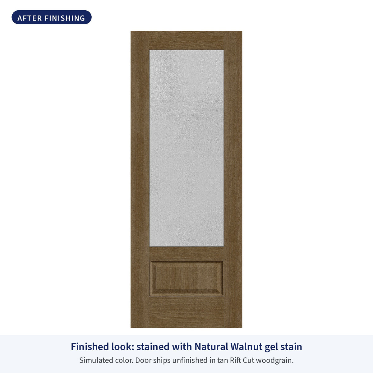 3/4 lite flush glazed Rift Cut fiberglass entry door with Micro-Granite glass, shown after finishing with Natural Walnut gel stain (simulated color)
