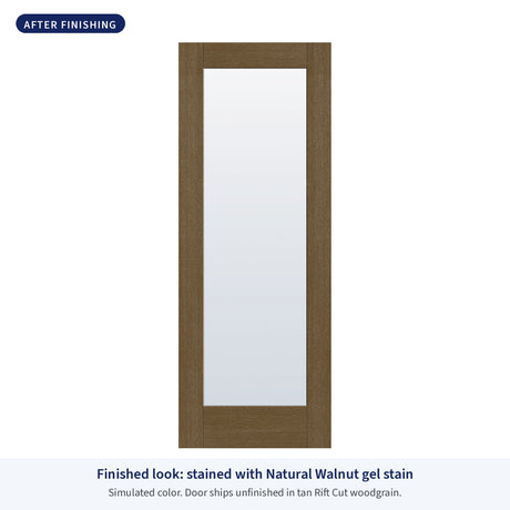 Full lite flush glazed Rift Cut fiberglass entry door with clear glass, shown after finishing with Natural Walnut gel stain (simulated color)