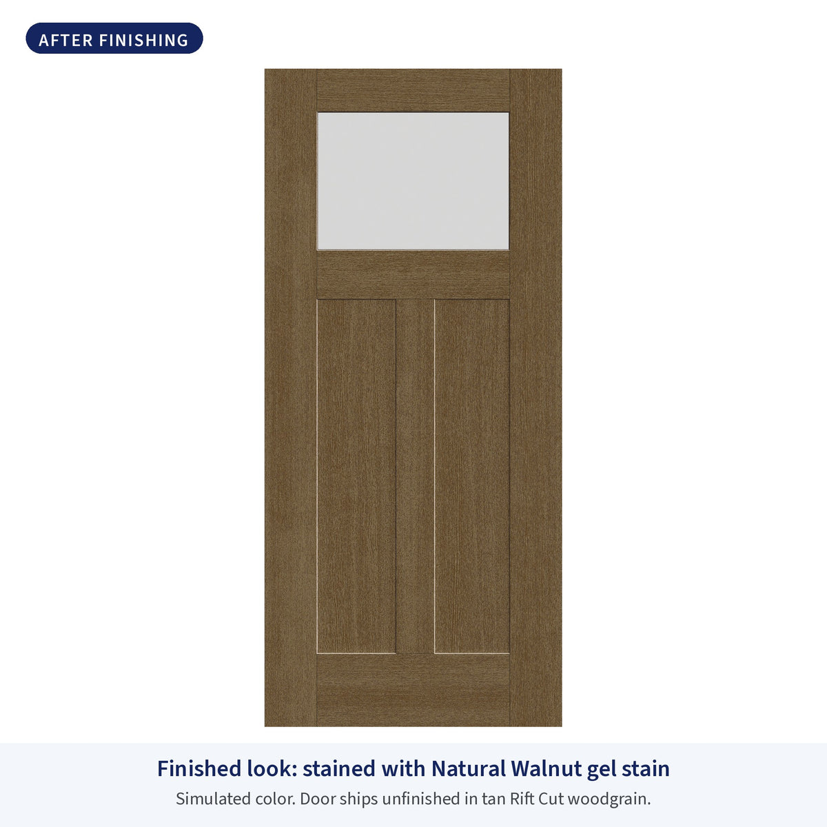 Craftsman 2 Panel flush glazed Rift Cut fiberglass entry door with frosted glass, shown after finishing with Natural Walnut gel stain (simulated color)