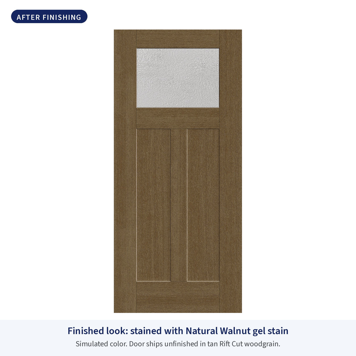 Craftsman 2 Panel flush glazed Rift Cut fiberglass entry door with Micro-Granite glass, shown after finishing with Natural Walnut gel stain (simulated color)