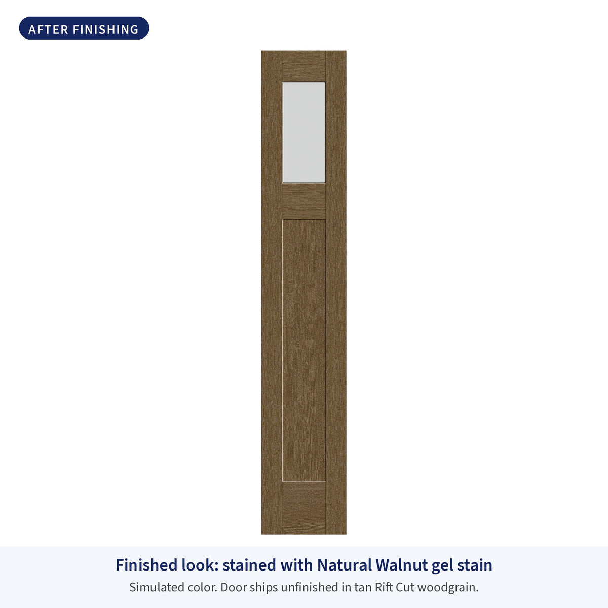 Craftsman flush glazed Rift Cut fiberglass sidelite with frosted glass, shown after finishing with Natural Walnut gel stain (simulated color)