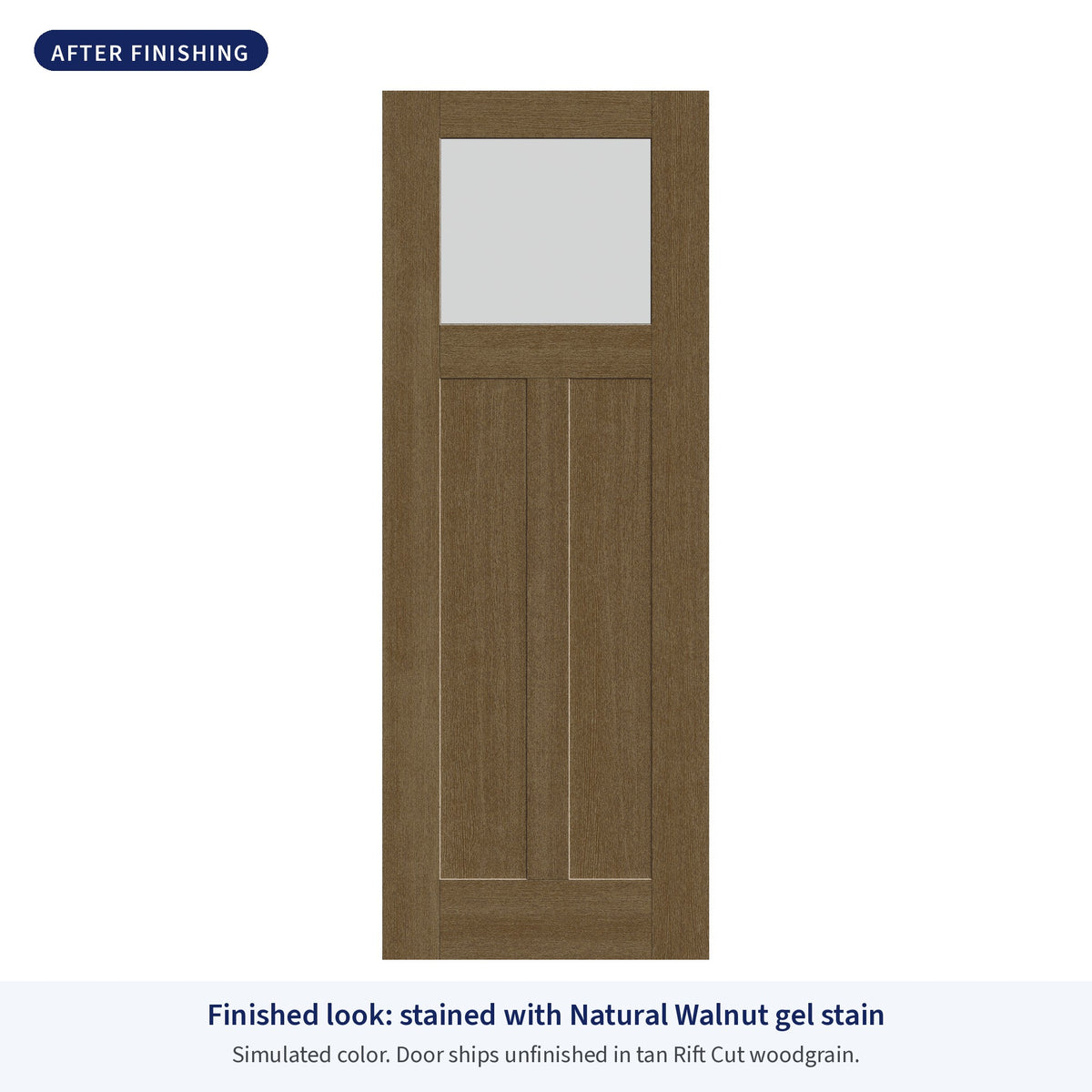 Craftsman 2 Panel flush glazed Rift Cut fiberglass entry door with frosted glass, shown after finishing with Natural Walnut gel stain (simulated color)