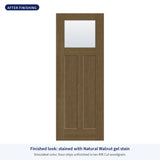 Craftsman 2 Panel flush glazed Rift Cut fiberglass entry door with clear glass, shown after finishing with Natural Walnut gel stain (simulated color)