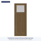Craftsman 2 Panel flush glazed Rift Cut fiberglass entry door with Rain glass, shown after finishing with Natural Walnut gel stain (simulated color)