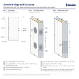 Standard hinge and lock prep diagram for a 6'8" fiberglass door: hinge and lock bore locations measured from the top of the door, with lock edge and hinge edge details