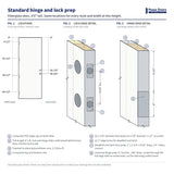 Standard hinge and lock prep diagram for a 8'0" fiberglass door: hinge and lock bore locations measured from the top of the door, with lock edge and hinge edge details