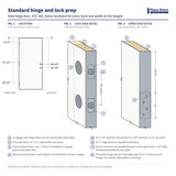 Standard hinge and lock prep diagram for a 6'8" steel edge door: hinge and lock bore locations measured from the top of the door, with lock edge and hinge edge details