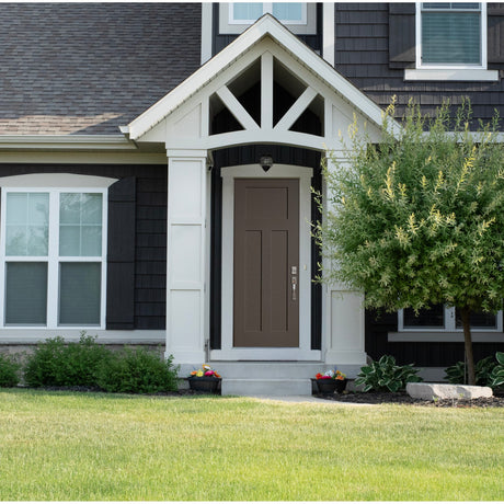8 foot 3 Panel Craftsman fiberglass entry door, shown installed