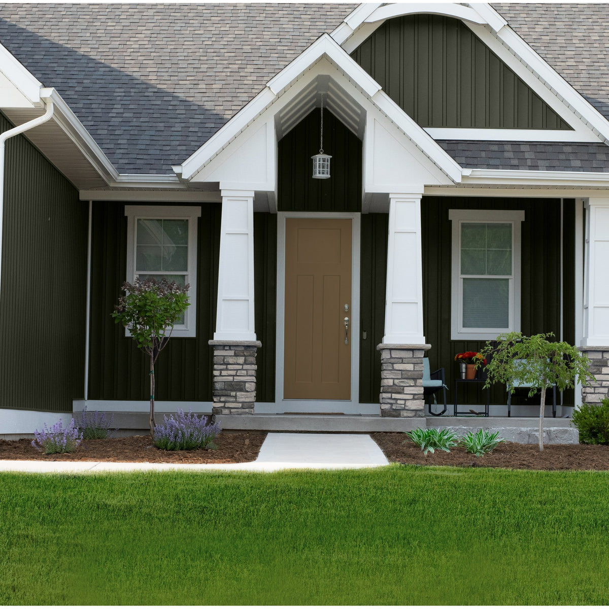 8 foot 3 Panel Craftsman fiberglass entry door, shown installed