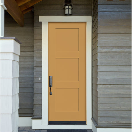 Mustard yellow 8 foot 3 panel Shaker fiberglass door on a gray shingle home