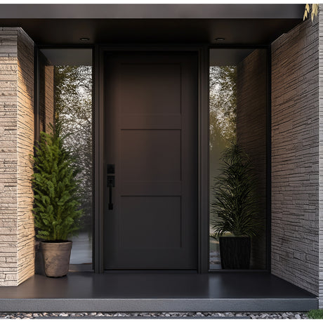 Black 8 foot 3 panel Shaker fiberglass door in a stone-clad modern entry