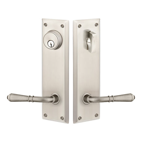 Quincy Sideplate Entry Lockset by Emtek, Satin Nickel, Turino Lever (Left Handed Door), Single Cylinder