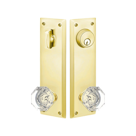 Quincy Sideplate Entry Lockset by Emtek, Unlacquered Brass, Old Town Crystal Knob, Single Cylinder