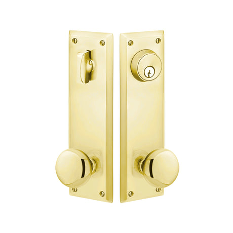 Quincy Sideplate Entry Lockset by Emtek, Unlacquered Brass, Providence Knob, Single Cylinder