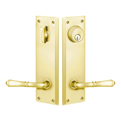 Quincy Sideplate Entry Lockset by Emtek, Unlacquered Brass, Turino Lever (Right Handed Door), Single Cylinder