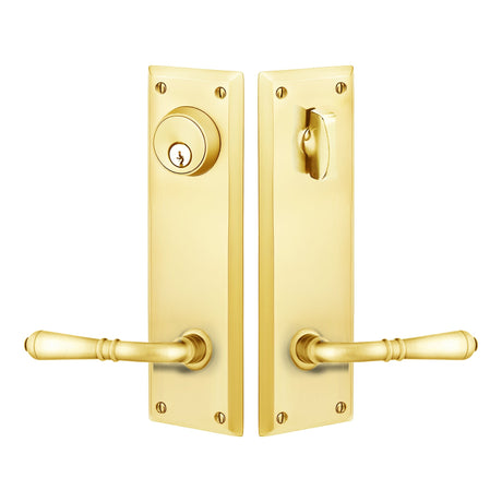 Quincy Sideplate Entry Lockset by Emtek, Polished Brass, Turino Lever (Left Handed Door), Single Cylinder