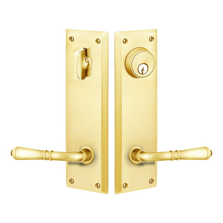 Quincy Sideplate Entry Lockset by Emtek, Polished Brass, Turino Lever (Right Handed Door), Single Cylinder