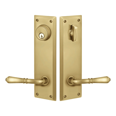 Quincy Sideplate Entry Lockset by Emtek, Antique Brass, Turino Lever (Left Handed Door), Single Cylinder