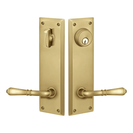 Quincy Sideplate Entry Lockset by Emtek, Antique Brass, Turino Lever (Right Handed Door), Single Cylinder