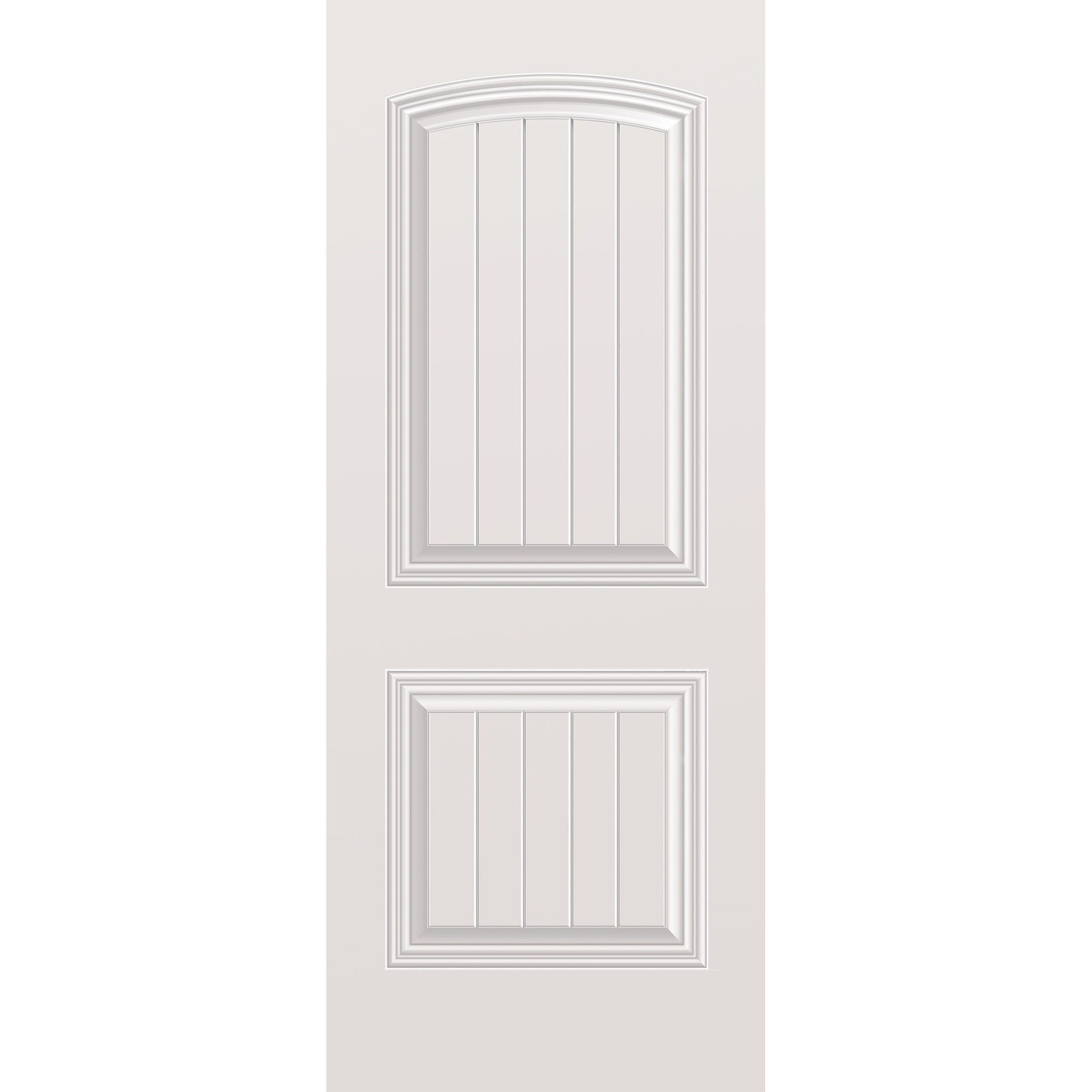 Wood edge steel entry door, 2 panel cambertop plank, 32" x 80", primed white finish