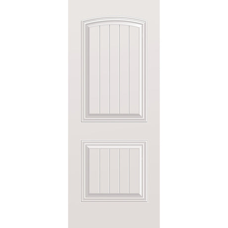 Wood edge steel entry door, 2 panel cambertop plank, 32" x 80", primed white finish