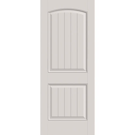 Fiberglass entry door, 2 panel cambertop plank, 32" x 80", white satin smooth finish