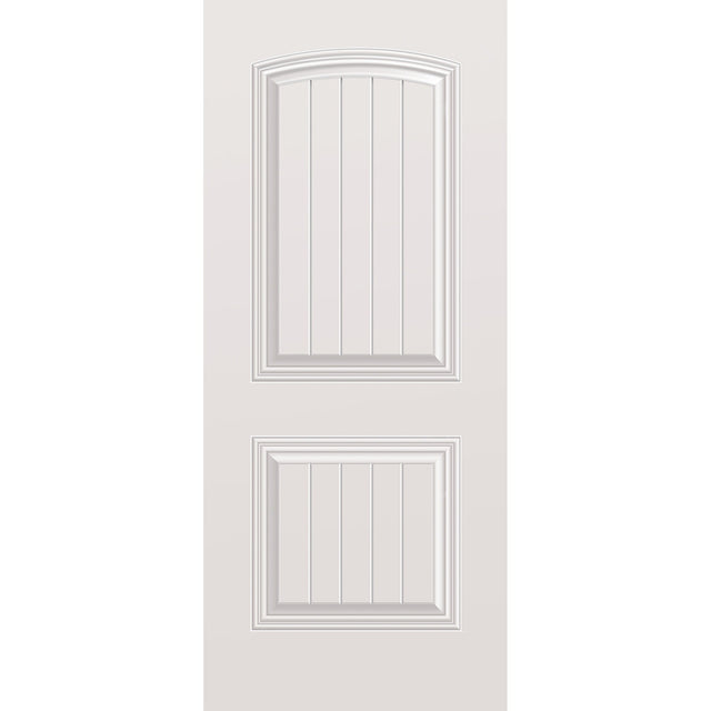 Wood edge steel entry door, 2 panel cambertop plank, 34" x 80", primed white finish