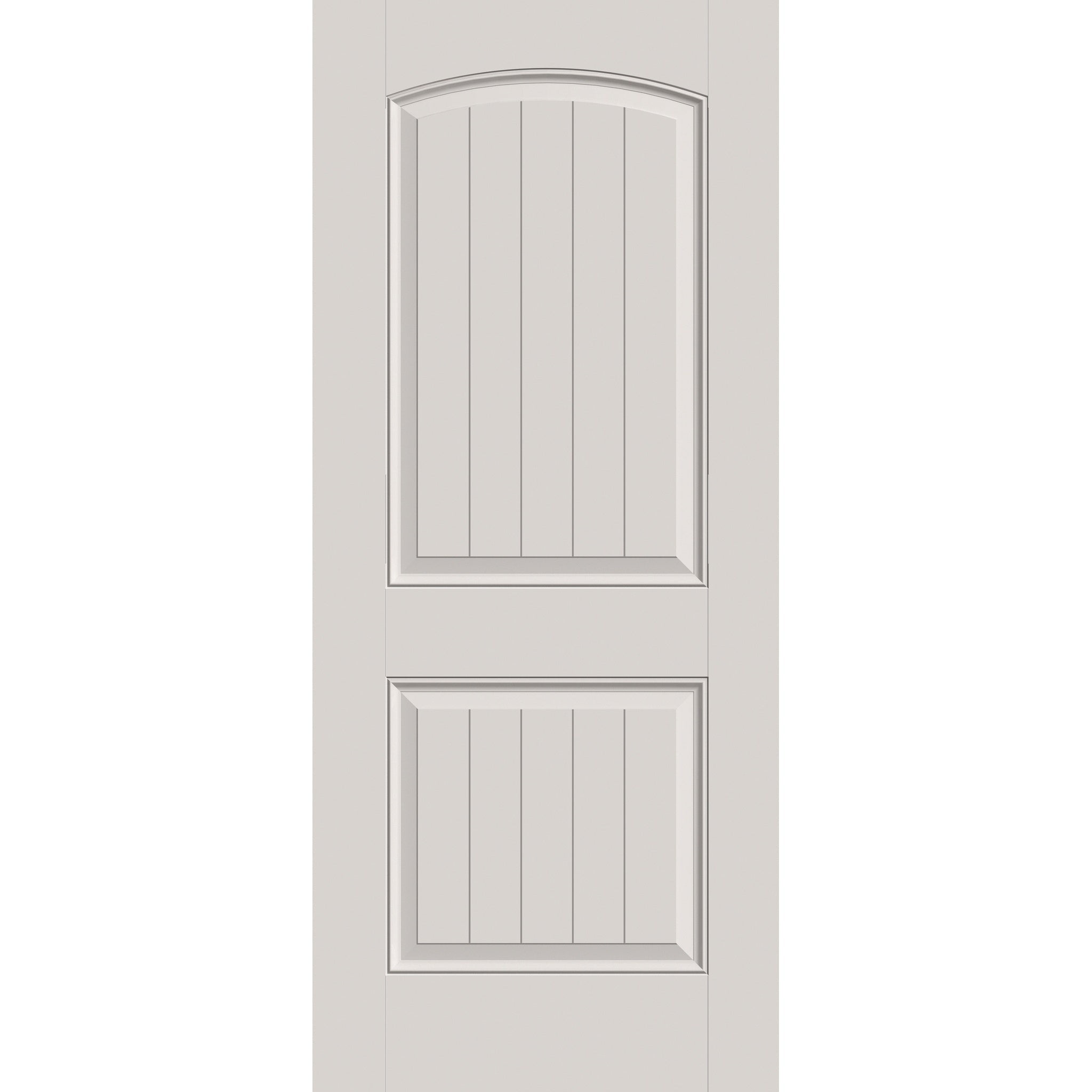 20-minute fire-rated fiberglass entry door, 2 panel cambertop plank, 34" x 80", white satin smooth finish