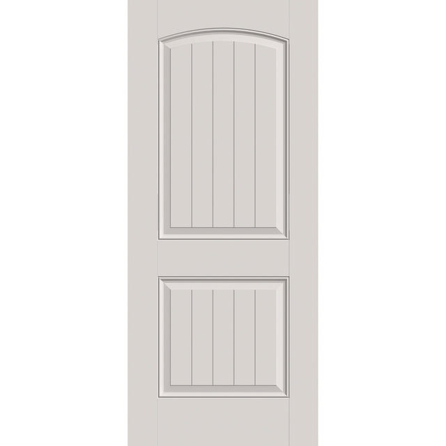 Fiberglass entry door, 2 panel cambertop plank, 34" x 80", white satin smooth finish