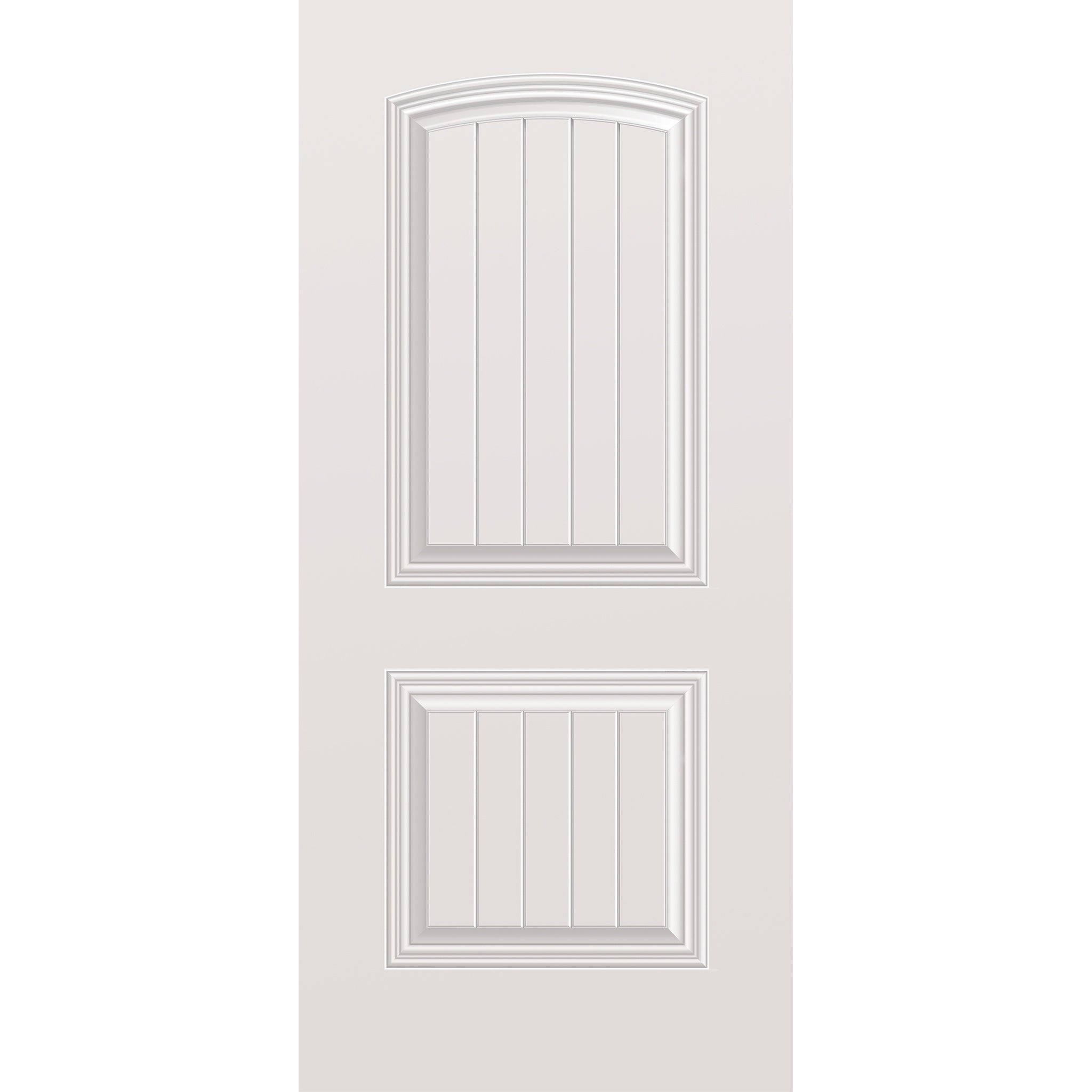 Wood edge steel entry door, 2 panel cambertop plank, 36" x 80", primed white finish