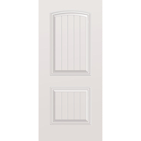 Wood edge steel entry door, 2 panel cambertop plank, 36" x 80", primed white finish