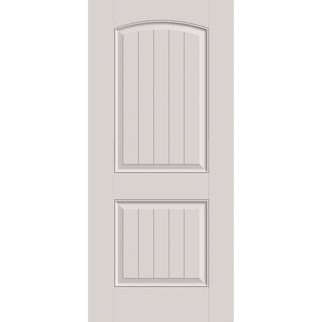 Fiberglass entry door, 2 panel cambertop plank, 36" x 80", white satin smooth finish