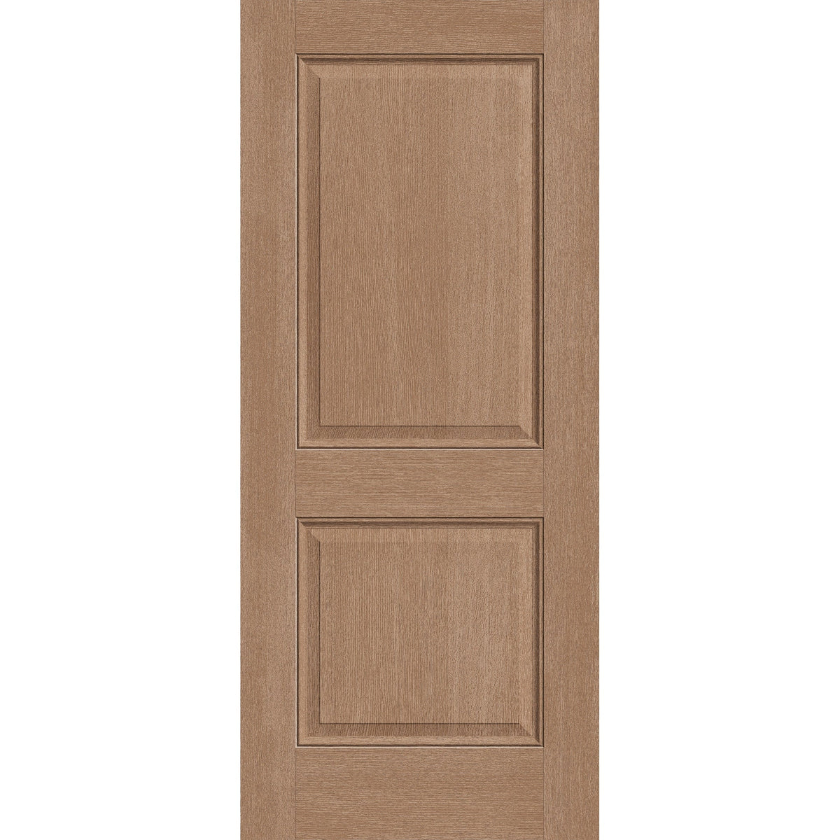 Hurricane-rated fiberglass entry door, 2 panel, 34" x 80", tan woodgrain finish
