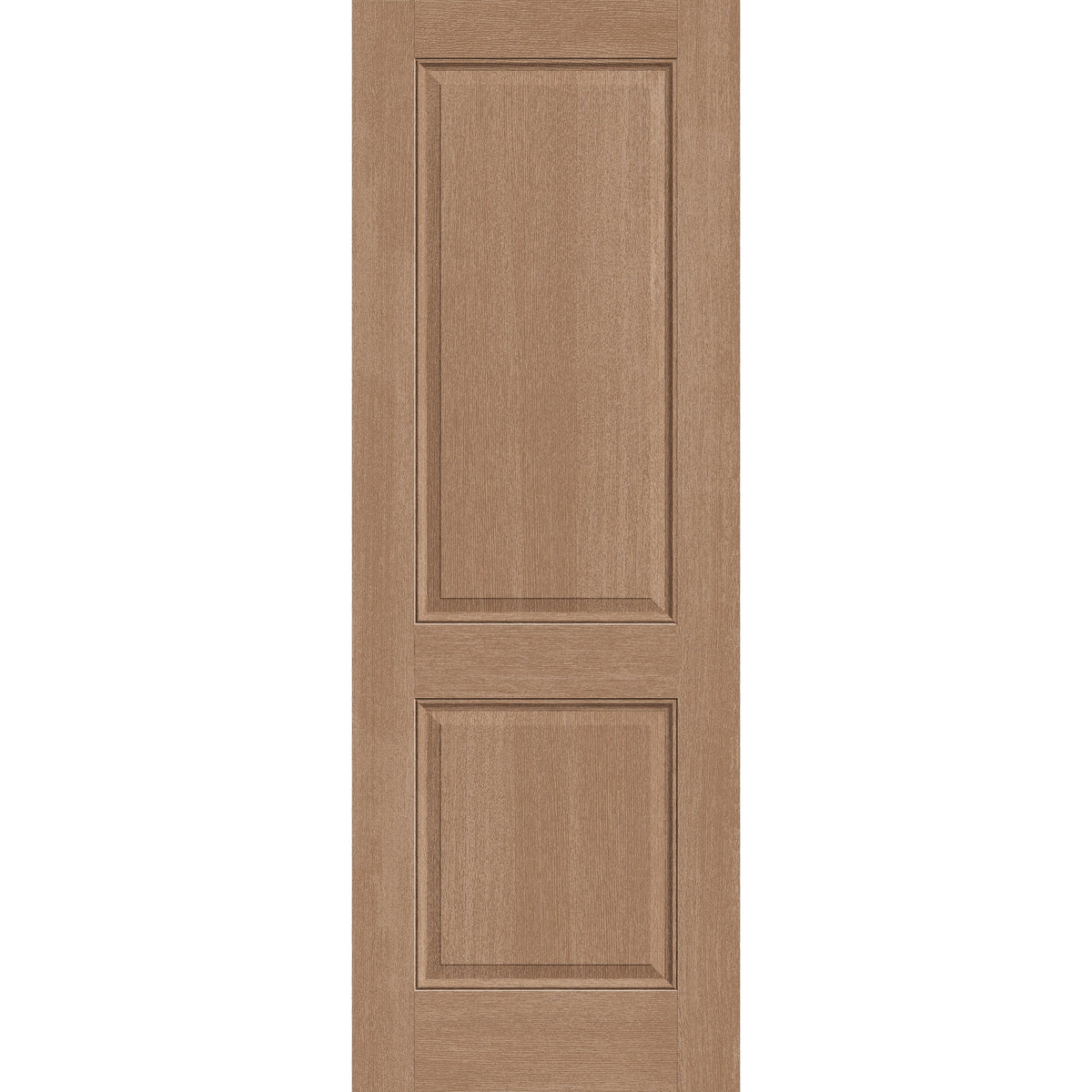 Hurricane-rated fiberglass entry door, 2 panel, 34" x 96", tan woodgrain finish