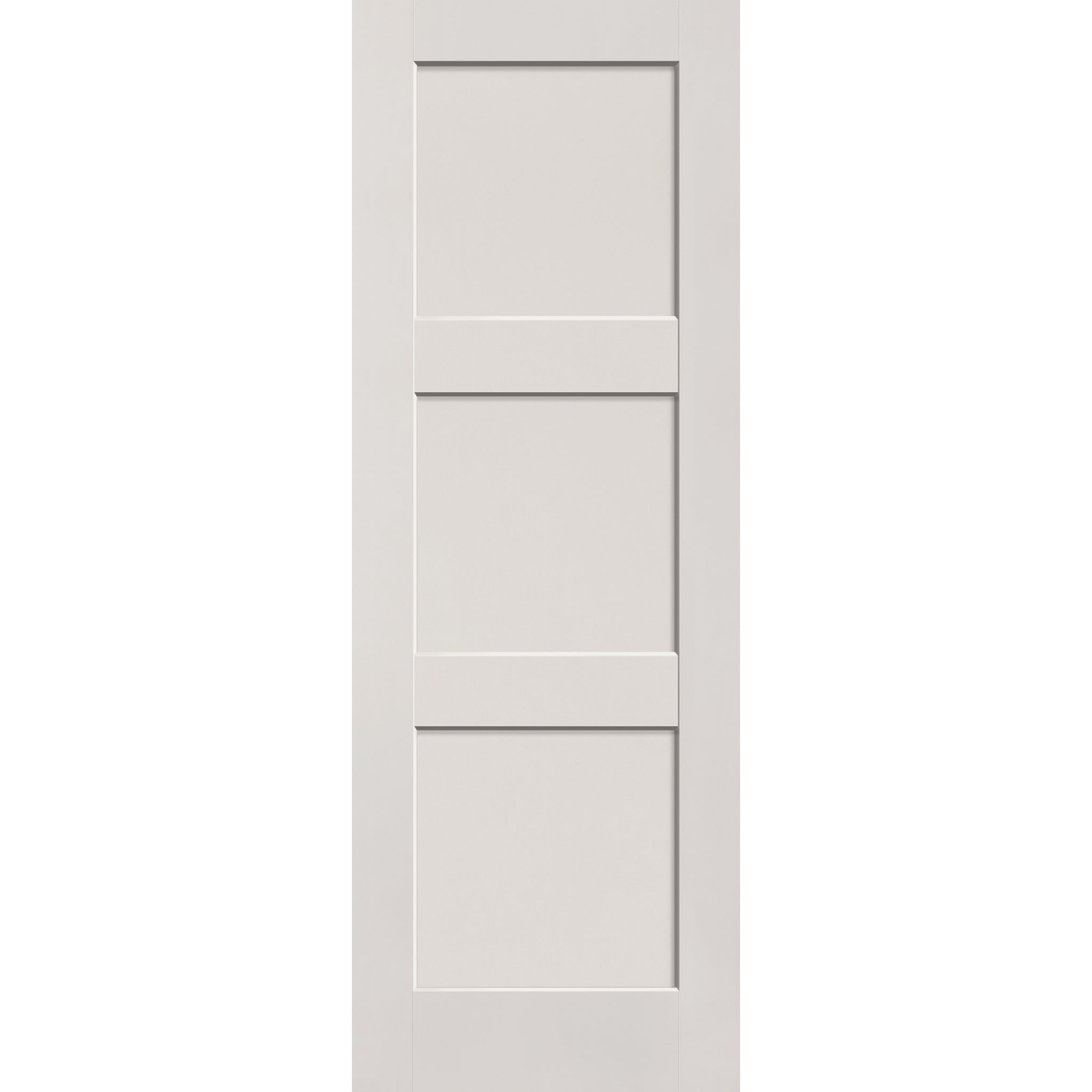 Hurricane-rated fiberglass entry door, 3 panel shaker, 34" x 96", white satin smooth finish