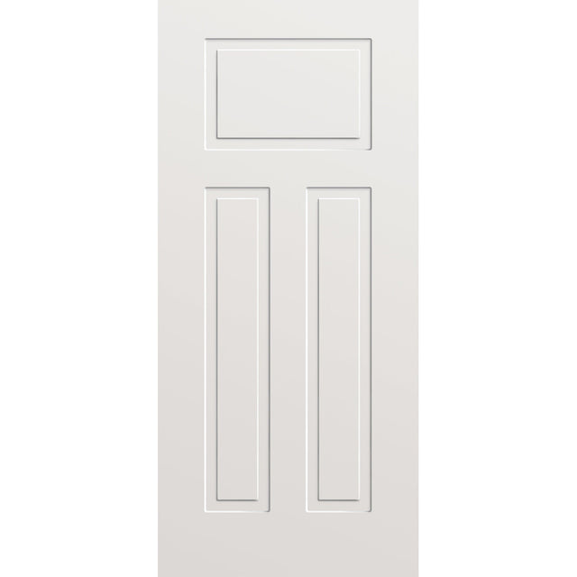 Wood edge steel entry door, 3 panel urban Craftsman, 36" x 80", primed white finish