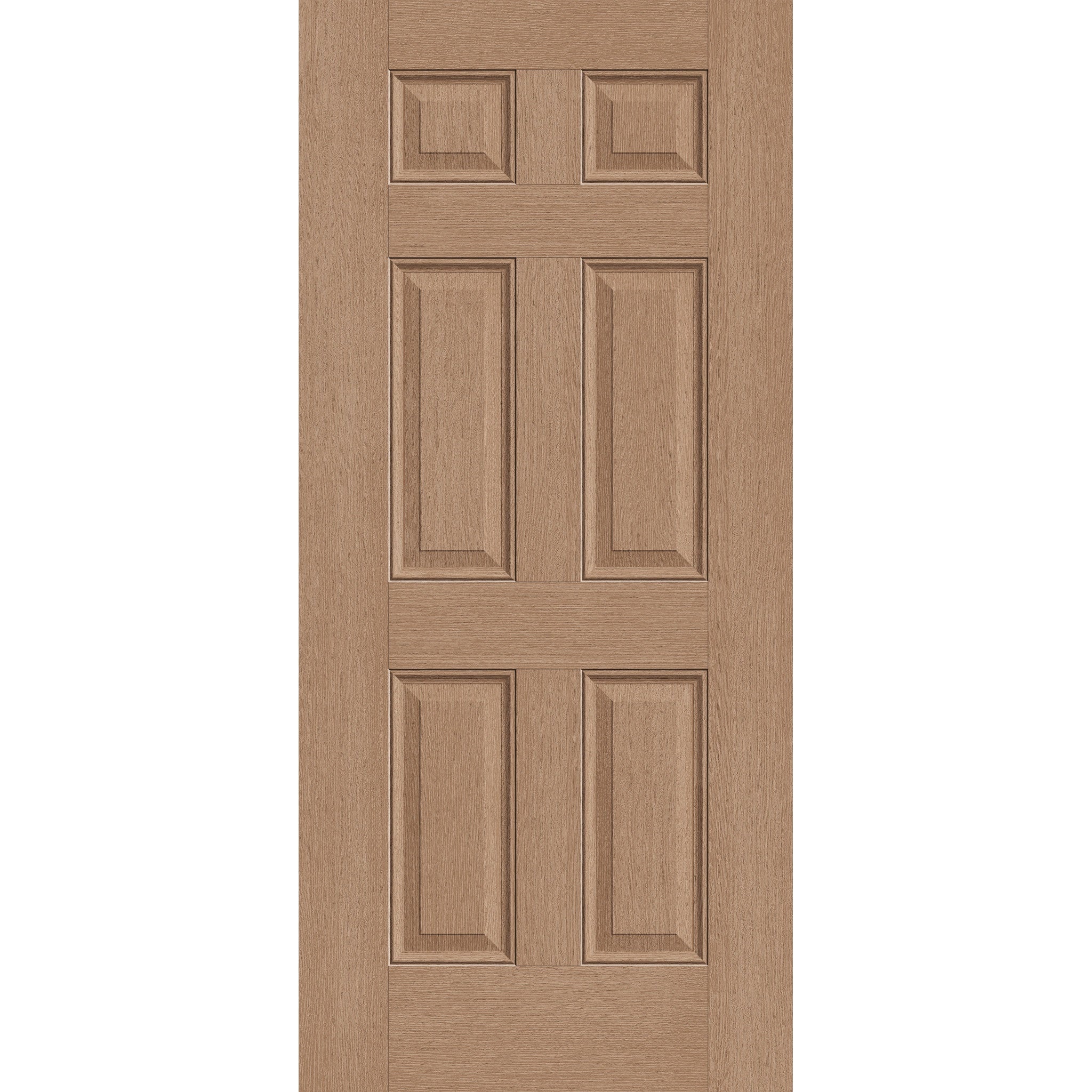 Hurricane-rated fiberglass entry door, 6 panel, 36" x 80", tan woodgrain finish