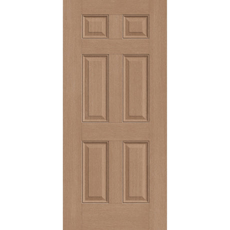 Hurricane-rated fiberglass entry door, 6 panel, 36" x 80", tan woodgrain finish