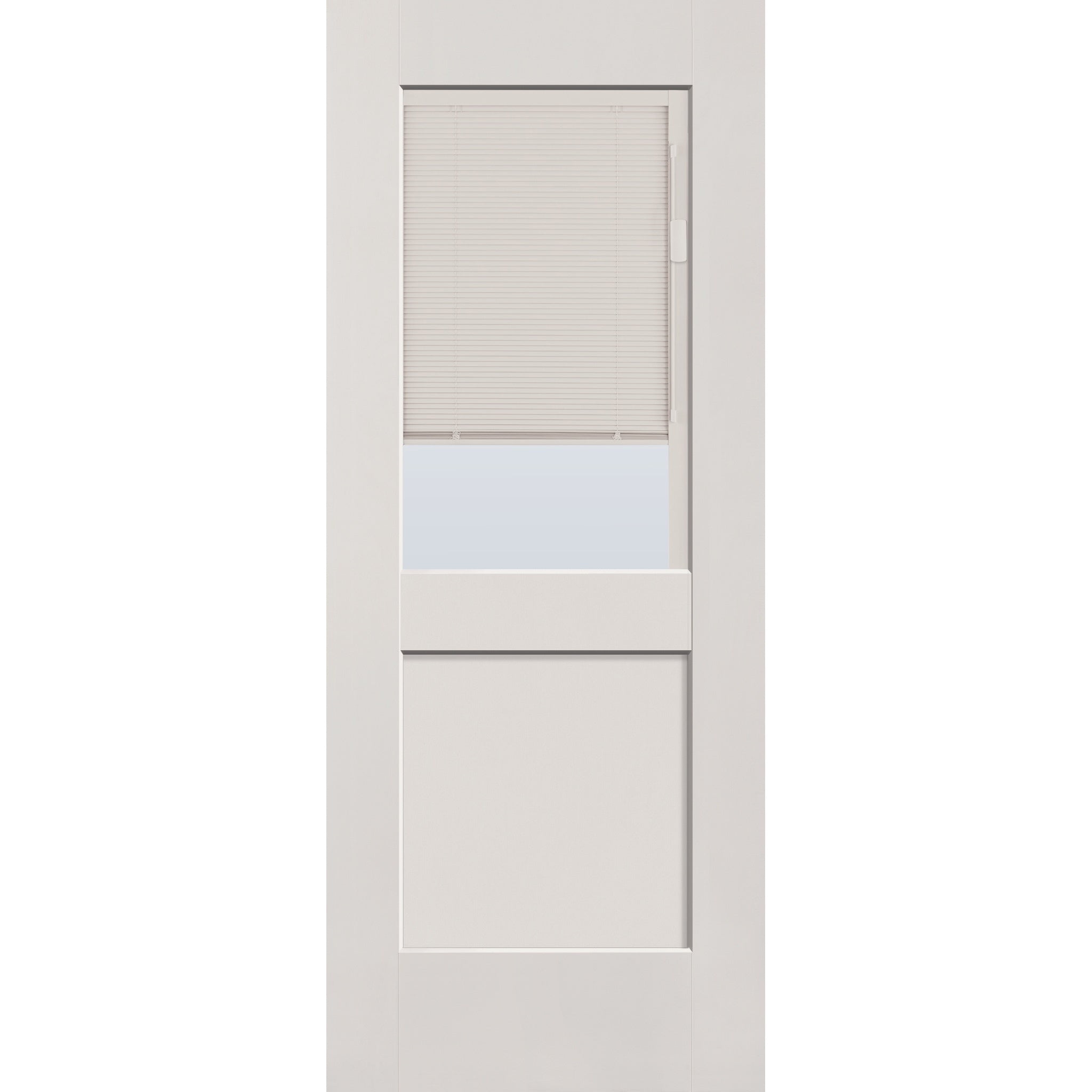 Raise & Lower Blinds flush glazed fiberglass entry door, half lite shaker, 32" x 80", white satin smooth finish, white blinds
