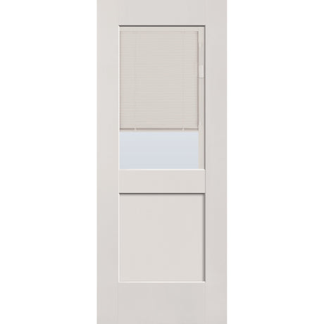 Raise & Lower Blinds flush glazed fiberglass entry door, half lite shaker, 32" x 80", white satin smooth finish, white blinds